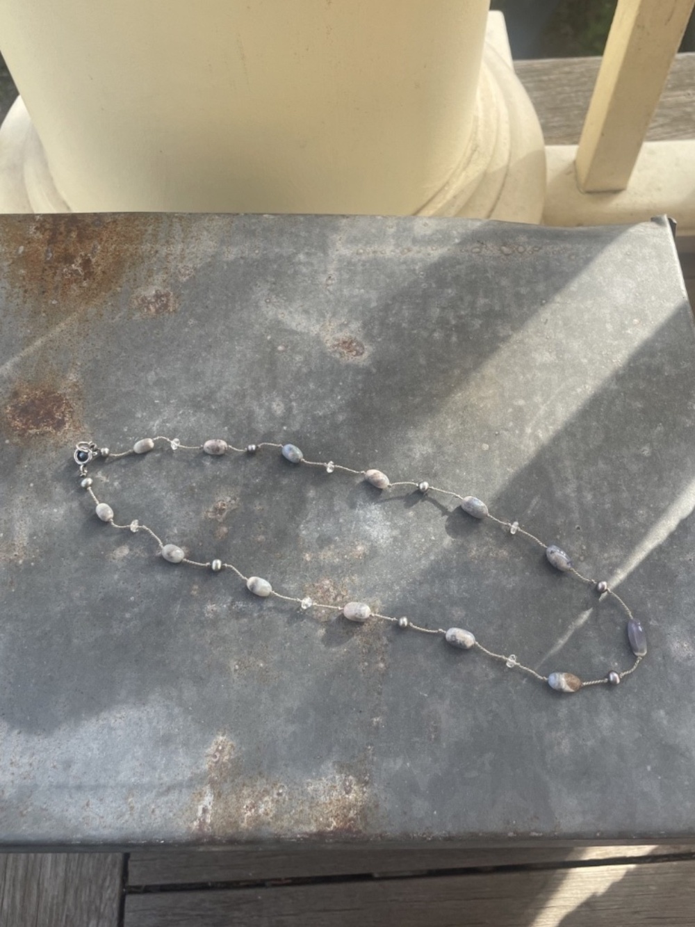 Blue Moss Agate and Gray Pearl Necklace